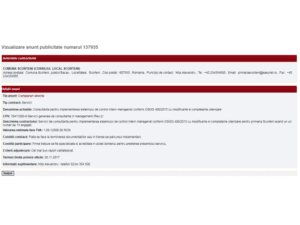 Anunt contractare servicii de consultanta pentru implementarea sistemului de control managerial conform OSGG 400/2015 cu modificarile si completarile ulterioare